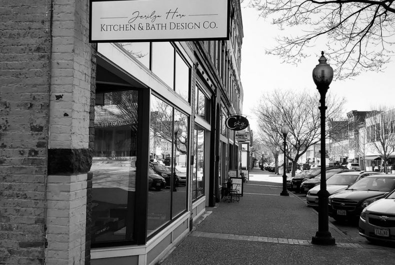 A black and white storefront